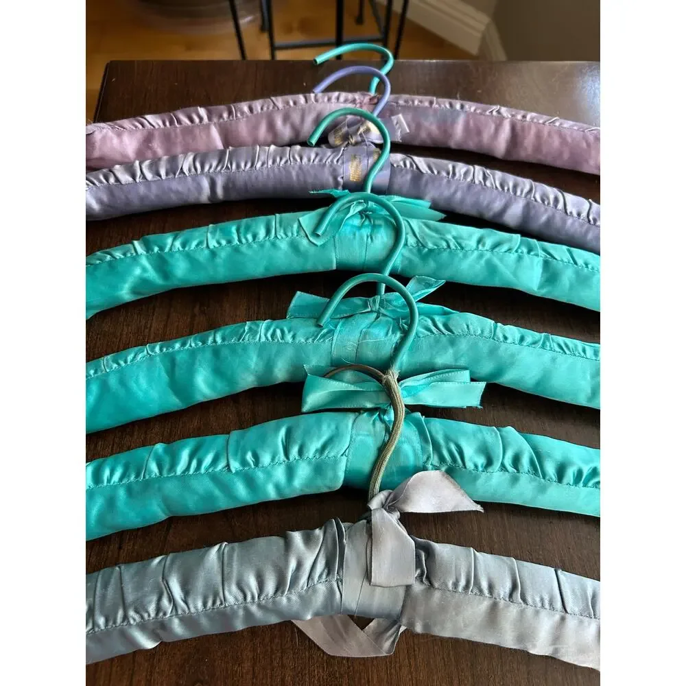 6 Vintage satin padded clothes hangers ribbon bows purple, turquoise, silver